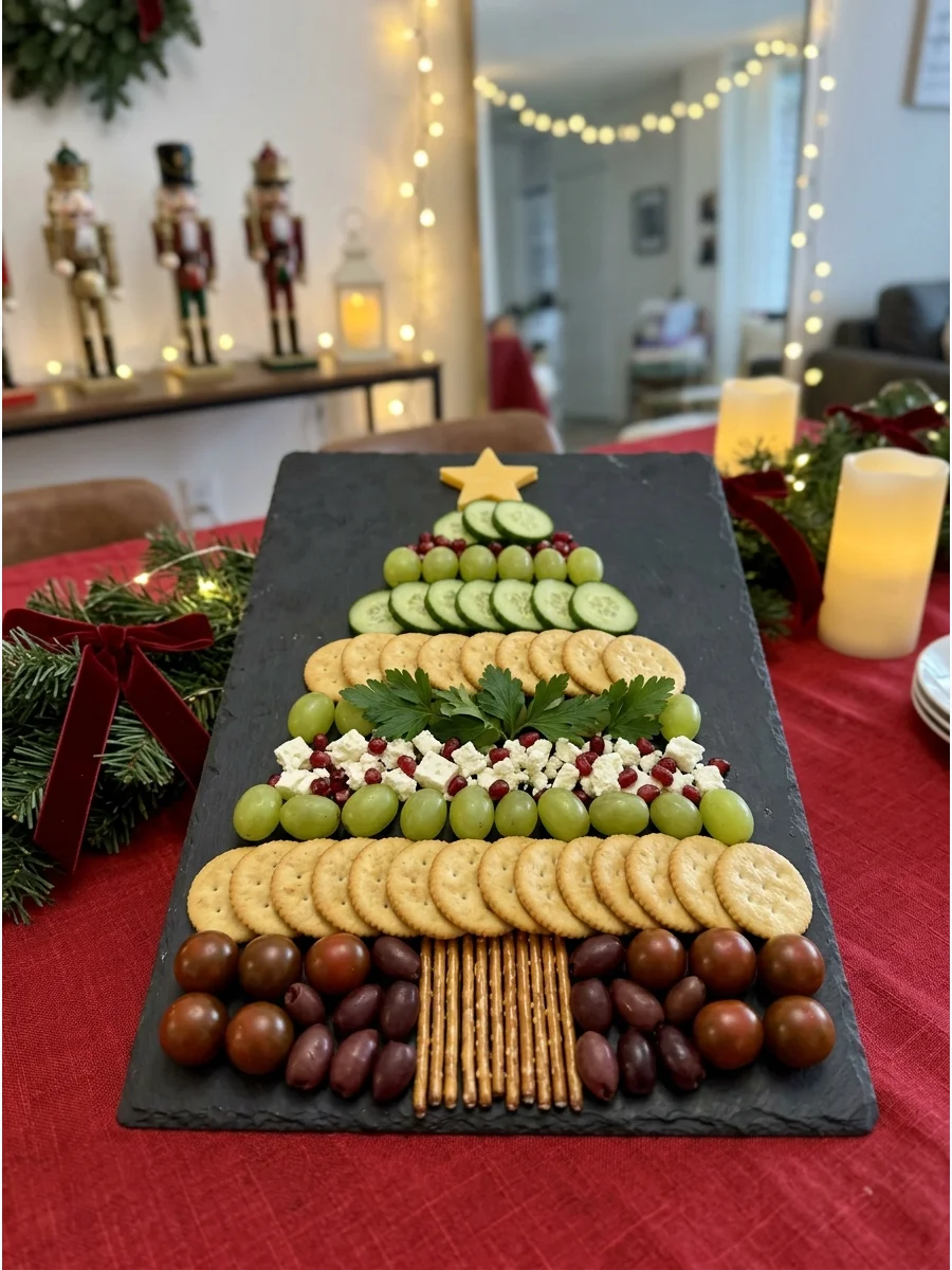 A snack board with food arranged in the shape of a Christmas tree.