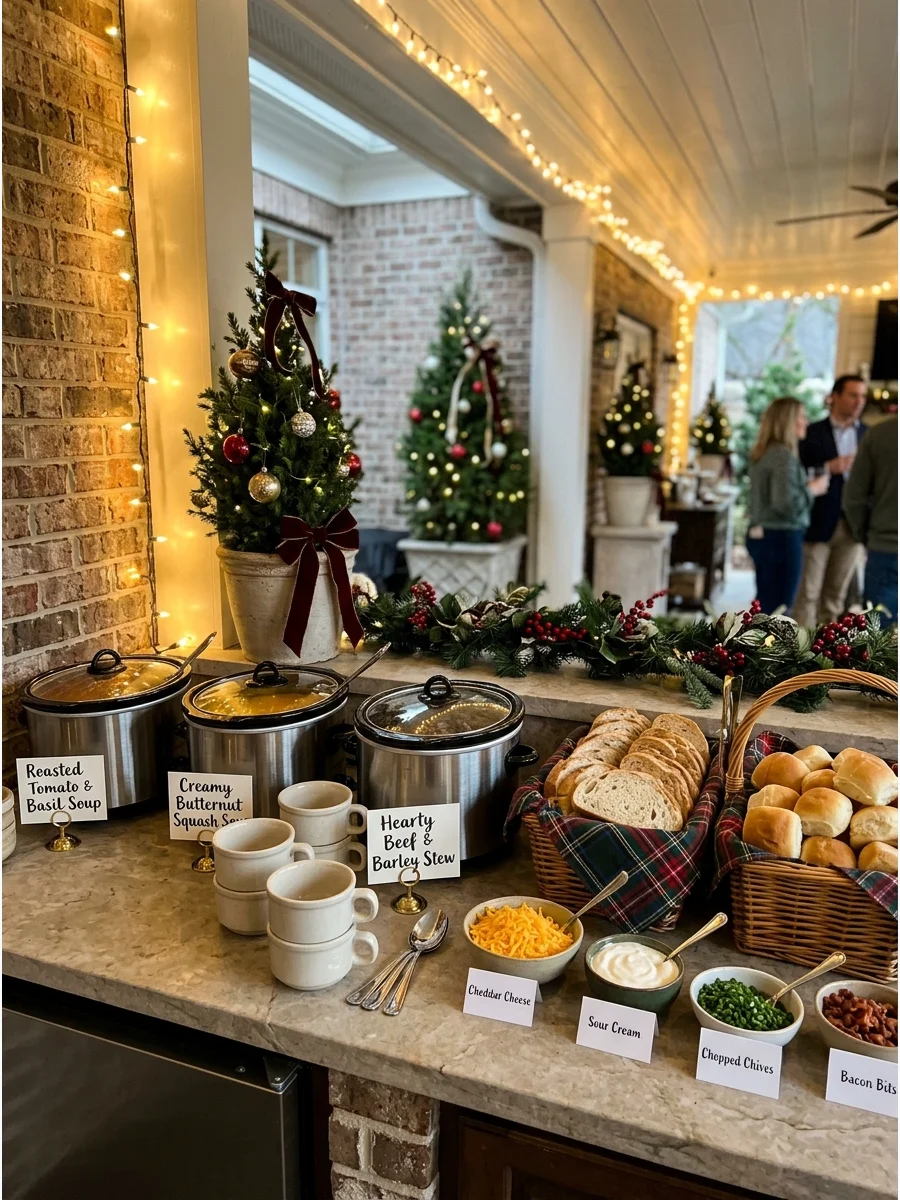 A cozy soup and bread station with slow cookers and baskets of rolls.