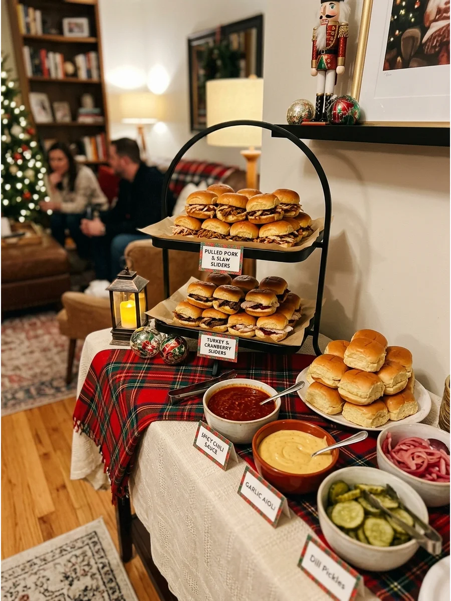 A slider bar with trays of small sandwiches and various dipping sauces.