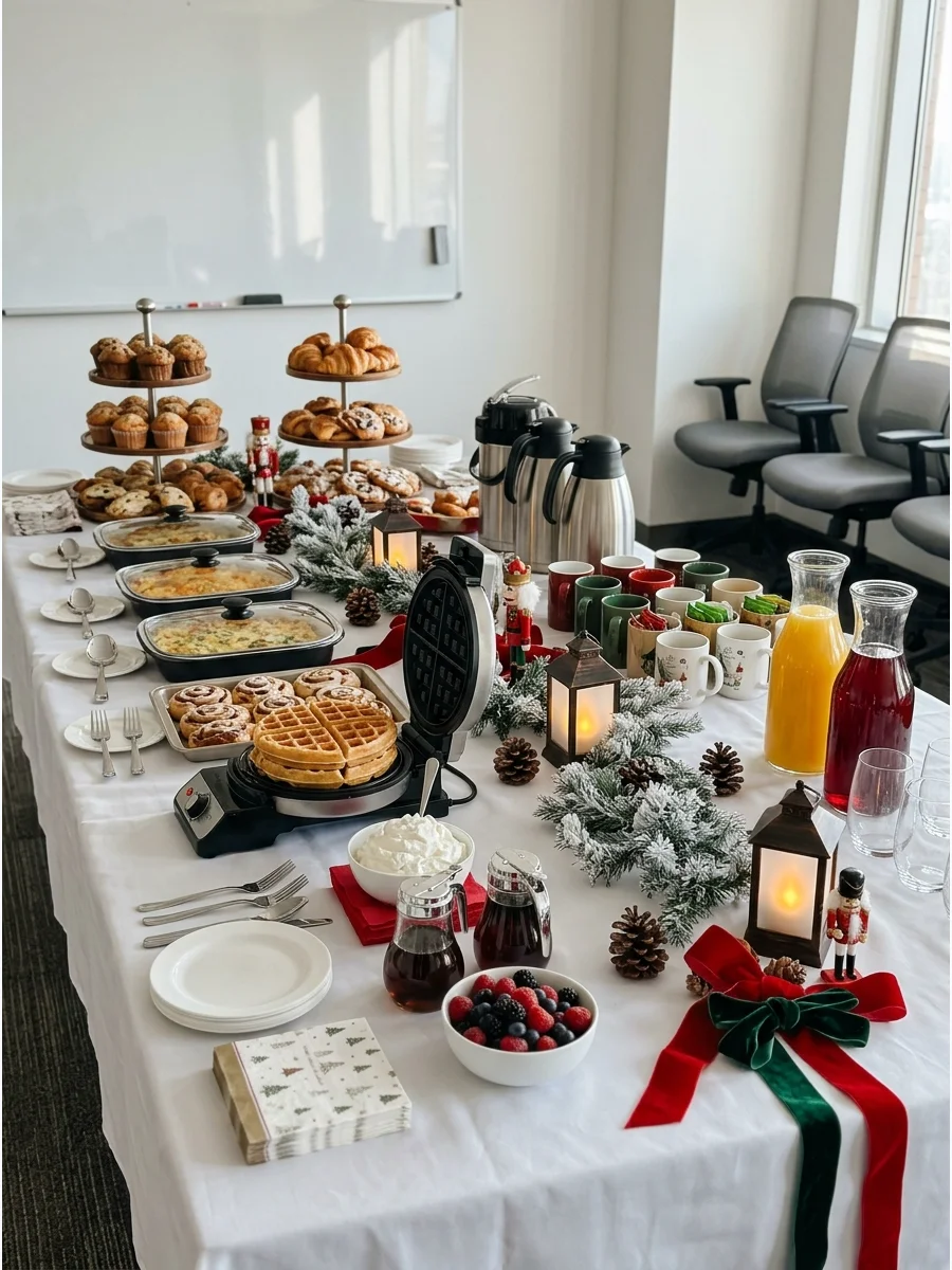 A holiday brunch buffet with pastries and breakfast items on a long table.