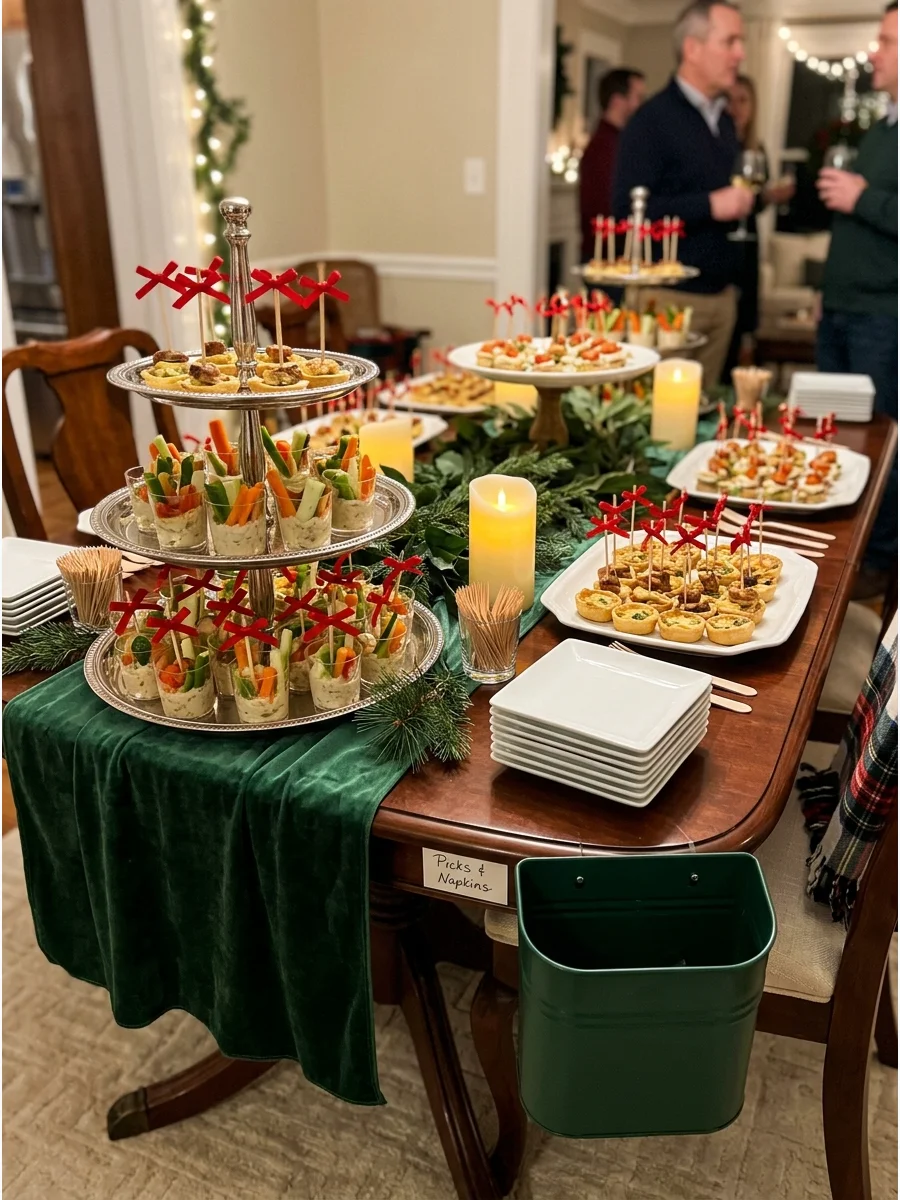 A table filled with finger foods and appetizers on silver trays.