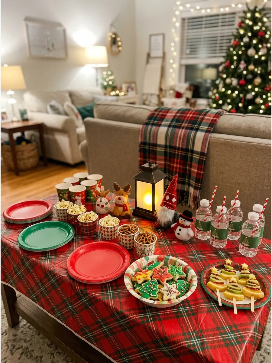 A low table set up with kid-friendly snacks and holiday paper plates.