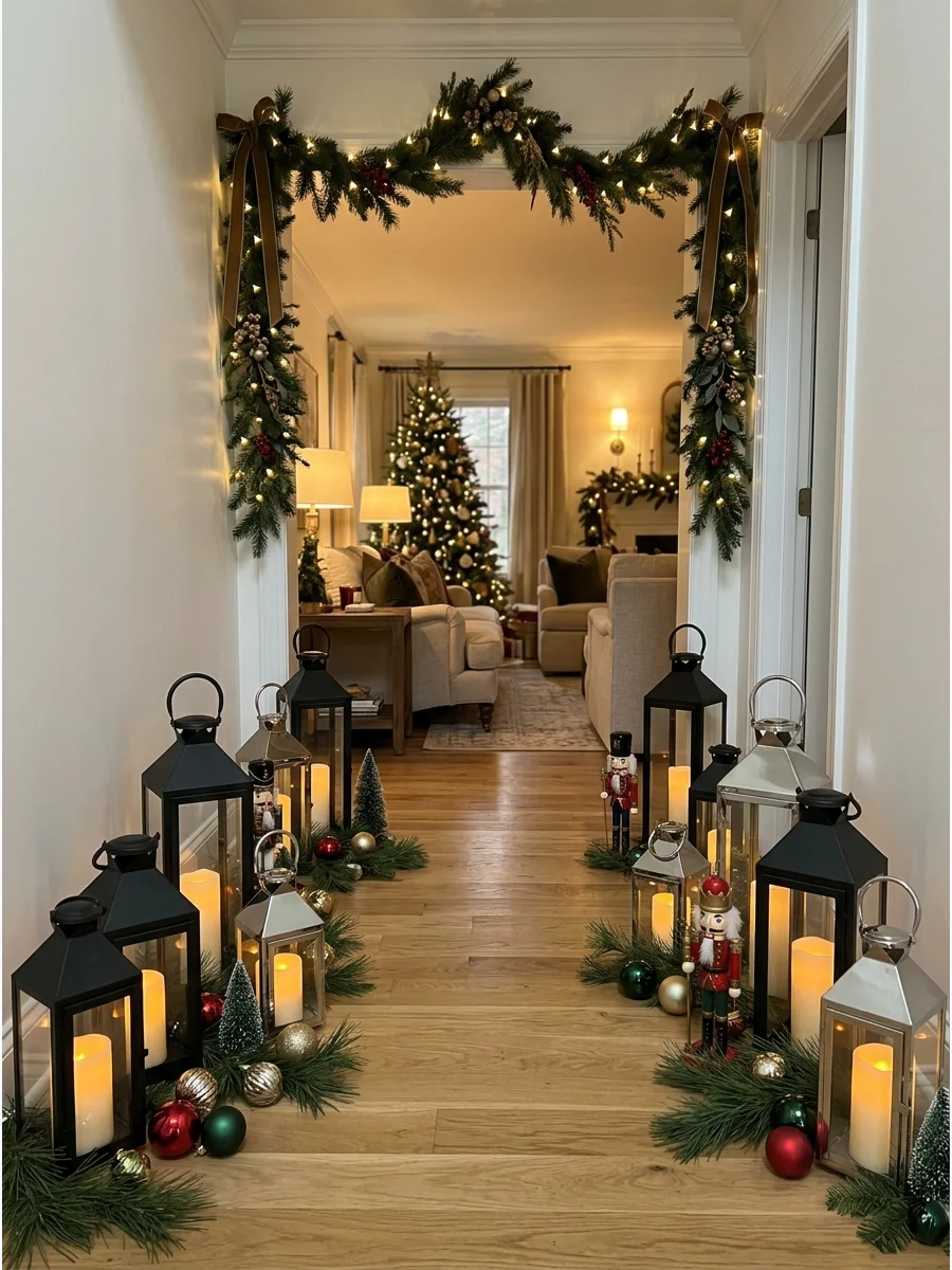 A hallway entry path lined with glowing lanterns and pine branches on the floor.