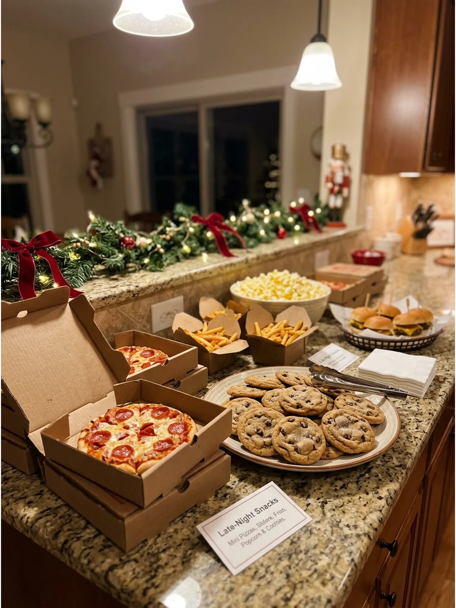 A late-night snack station with mini pizzas and a plate of cookies.