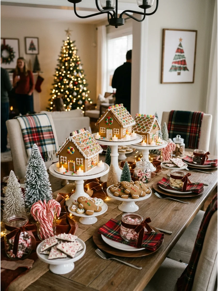 A festive gingerbread dessert table with houses, cookies, and bottle-brush trees.