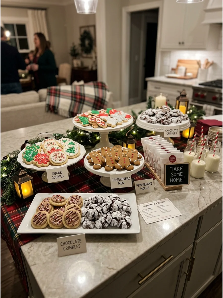 A kitchen island setup with various Christmas cookies and small milk bottles.