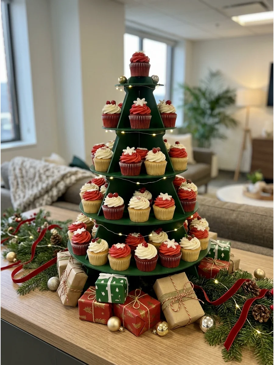 A tiered cupcake stand arranged to look like a festive Christmas tree.