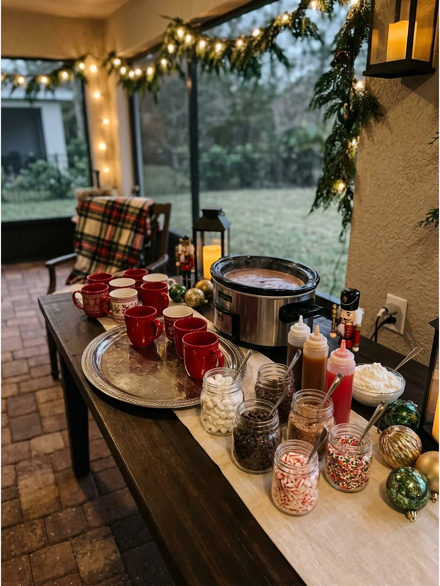 A cozy hot cocoa station on a patio with mugs and various toppings.