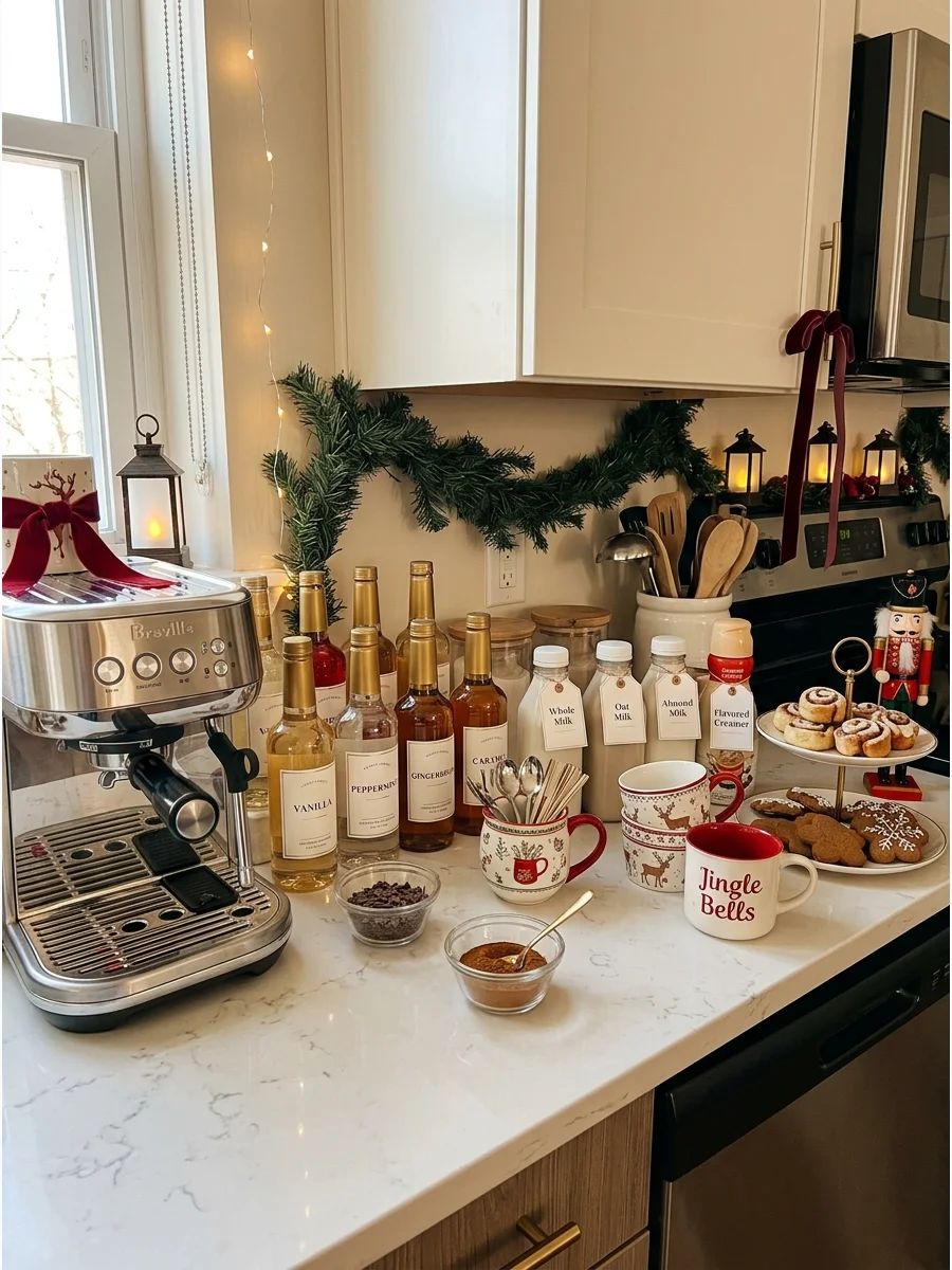 A modern home coffee bar with holiday syrups and festive mugs.