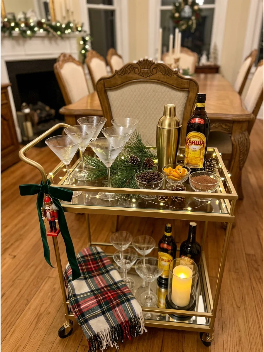 A gold bar cart set up for making espresso martinis with holiday decor.