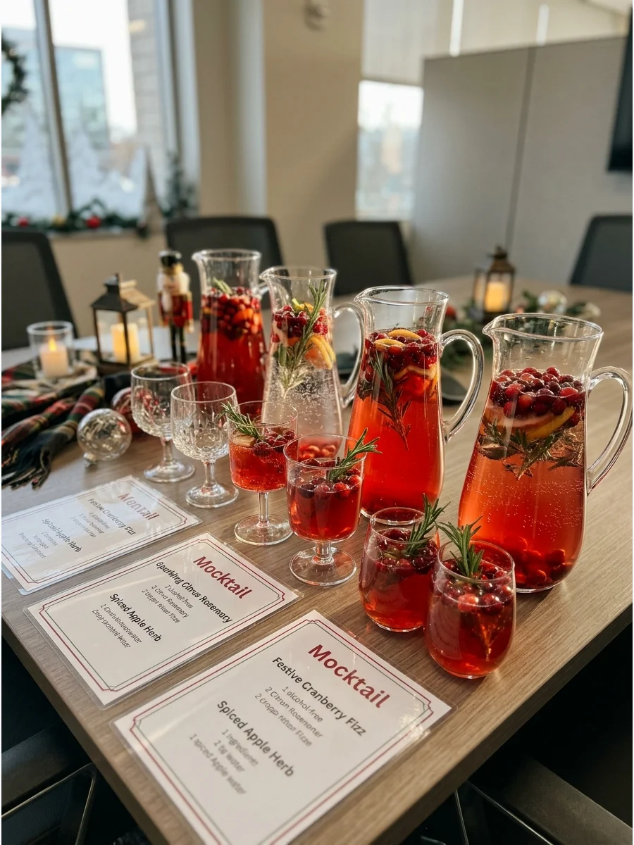A festive mocktail station with cranberry drinks and rosemary garnishes.