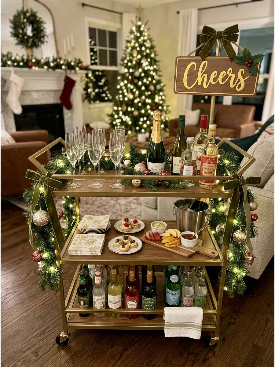A decorated champagne cart with ice buckets and gold ornaments.