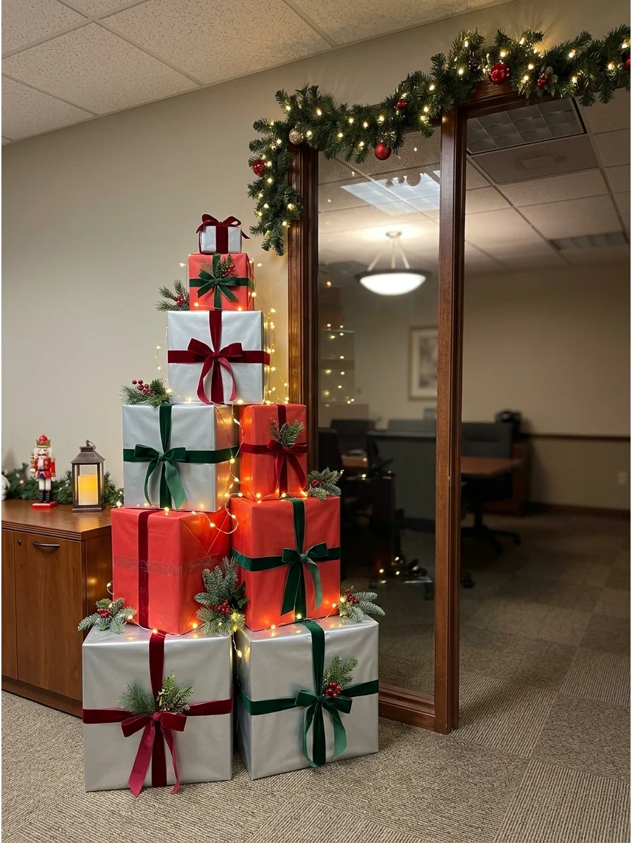 A stack of colorful wrapped gift boxes arranged in a corner by a door.