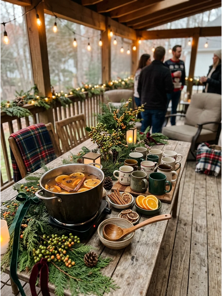 A warm mulled cider station with cinnamon sticks and orange slices.