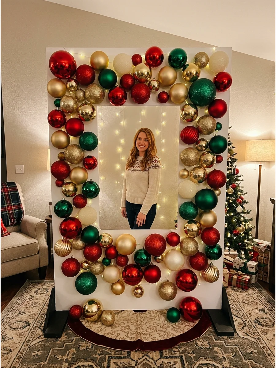 A large photo backdrop covered in red and gold ornaments.
