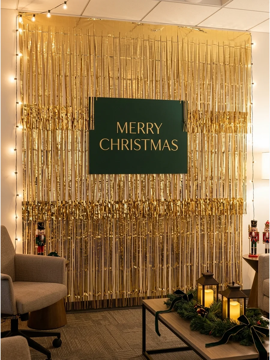 Gold tinsel fringe backdrop with a festive sign.