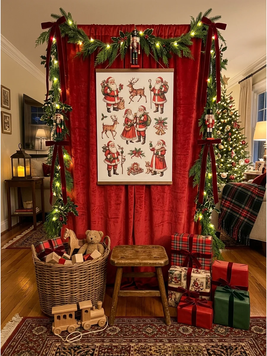 Nostalgic Santa photo corner with red velvet drapes.