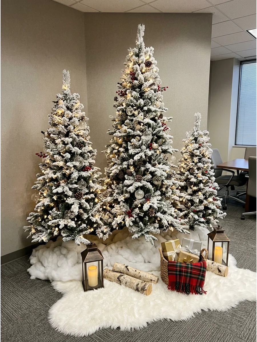 A winter forest photo setup with flocked trees and faux snow.