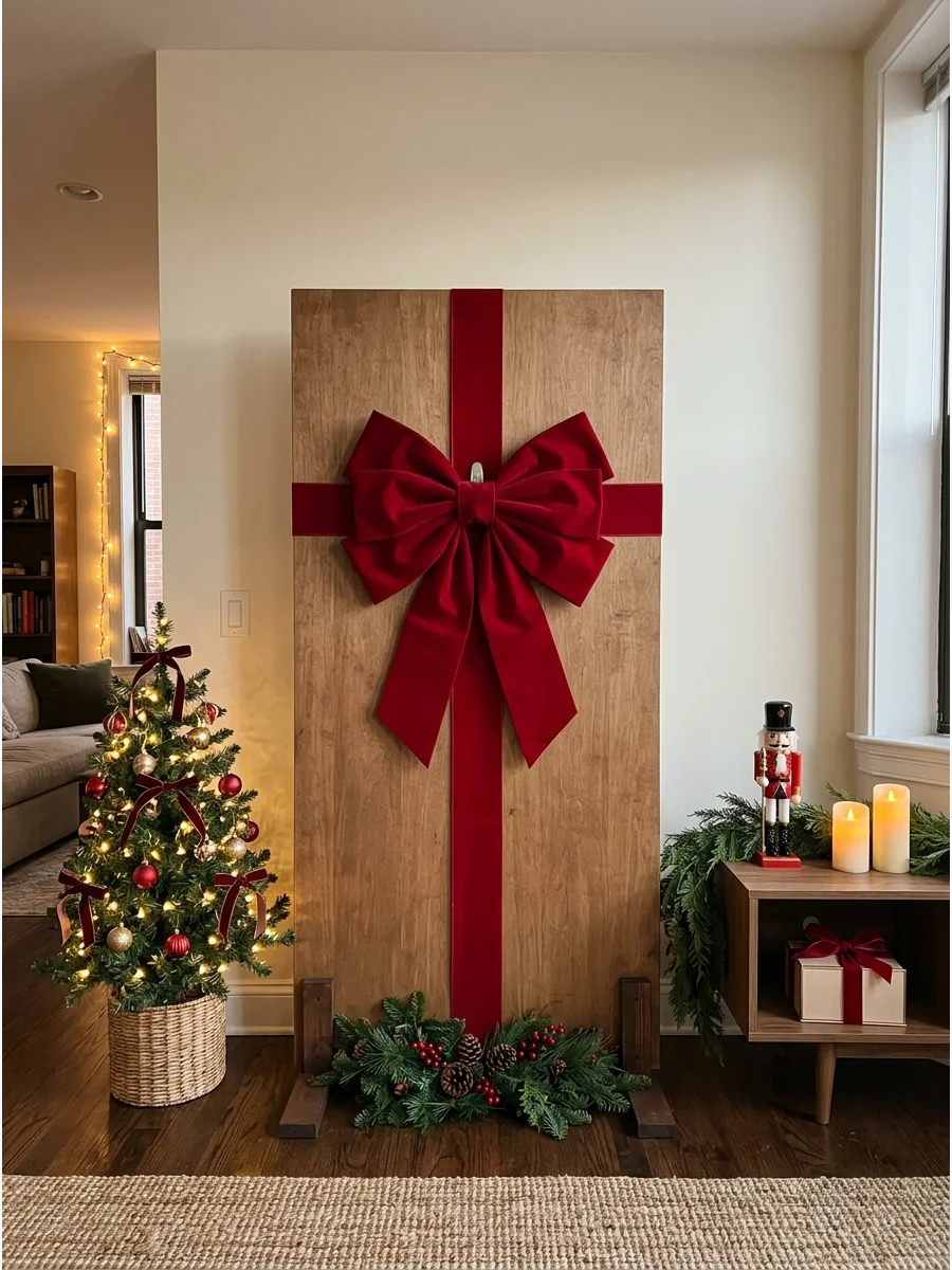 Wall decorated like a giant gift with a large red bow.