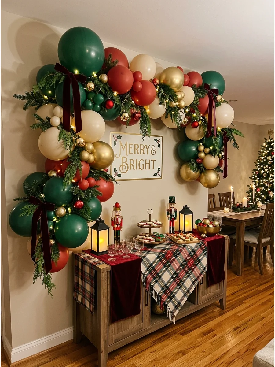 Festive balloon and evergreen arch for photos.