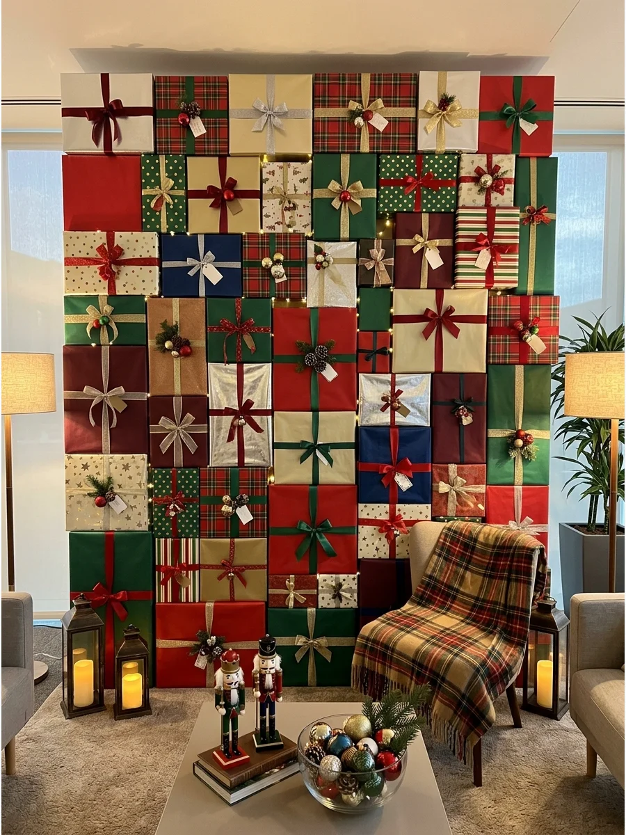 A wall of stacked wrapped presents in different colors.