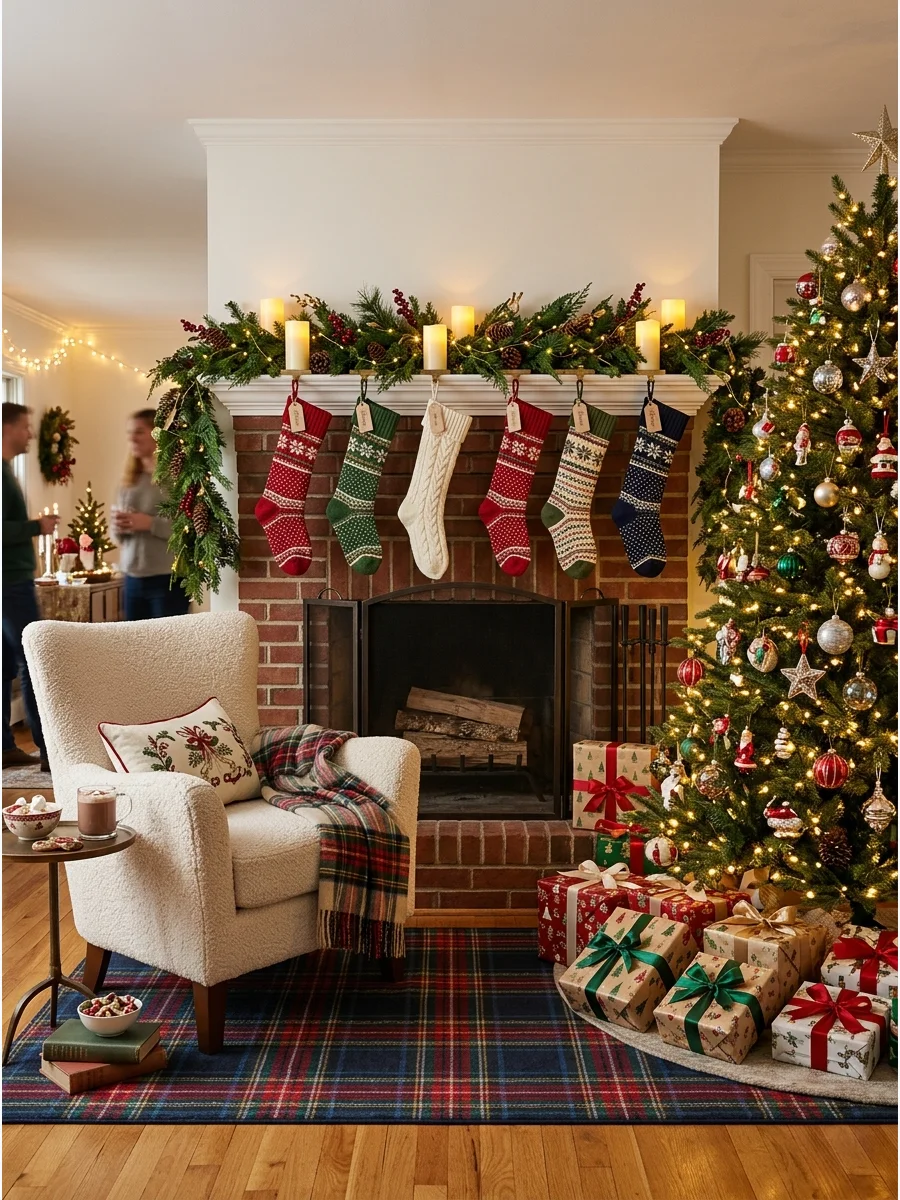 Traditional fireplace photo corner with a chair and garland.