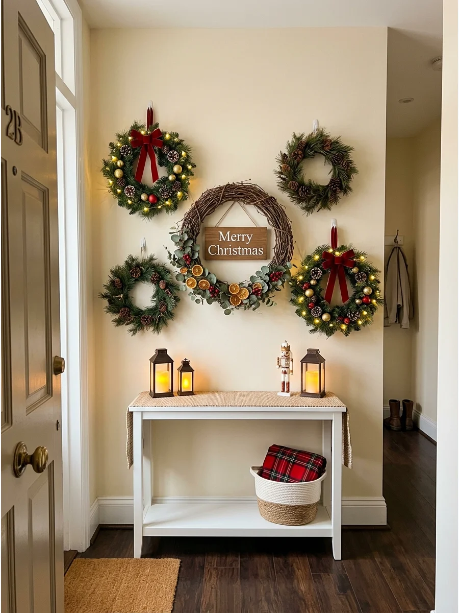 A wall display of various Christmas wreaths above a small entry table.