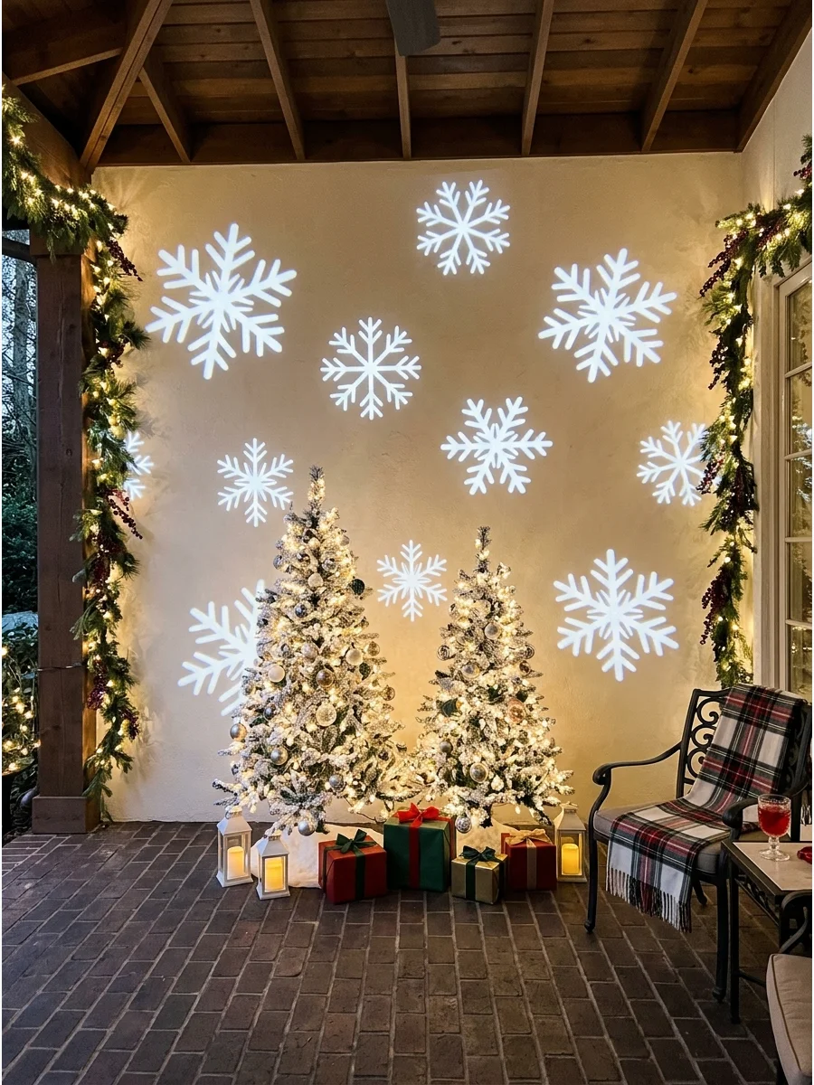 Snowflake light projection on a wall with white trees.