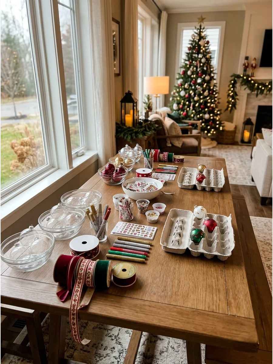 A craft table with clear ornaments and paint pens for a Christmas party.