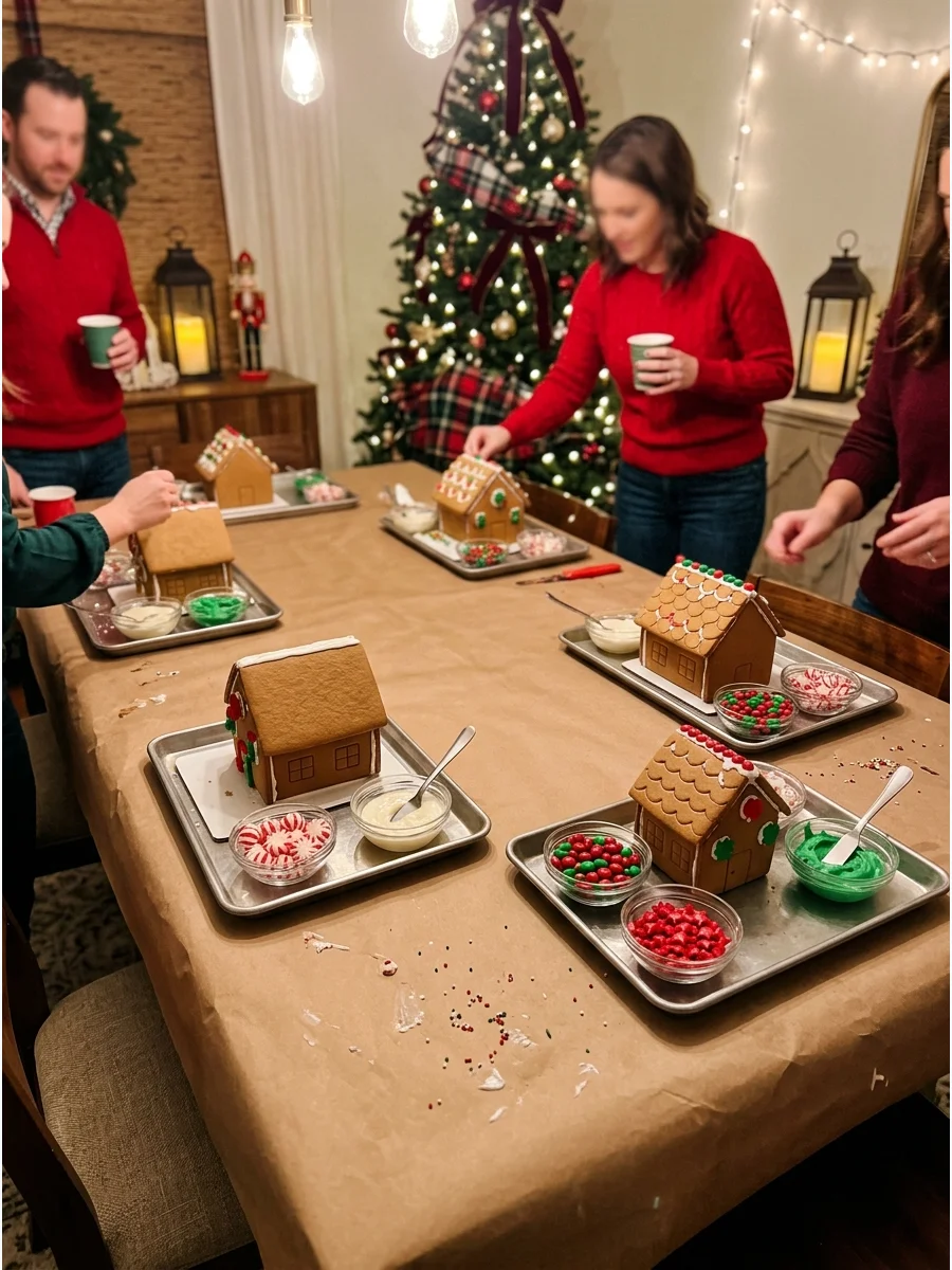 Gingerbread houses on a dining table with bowls of candy and icing.