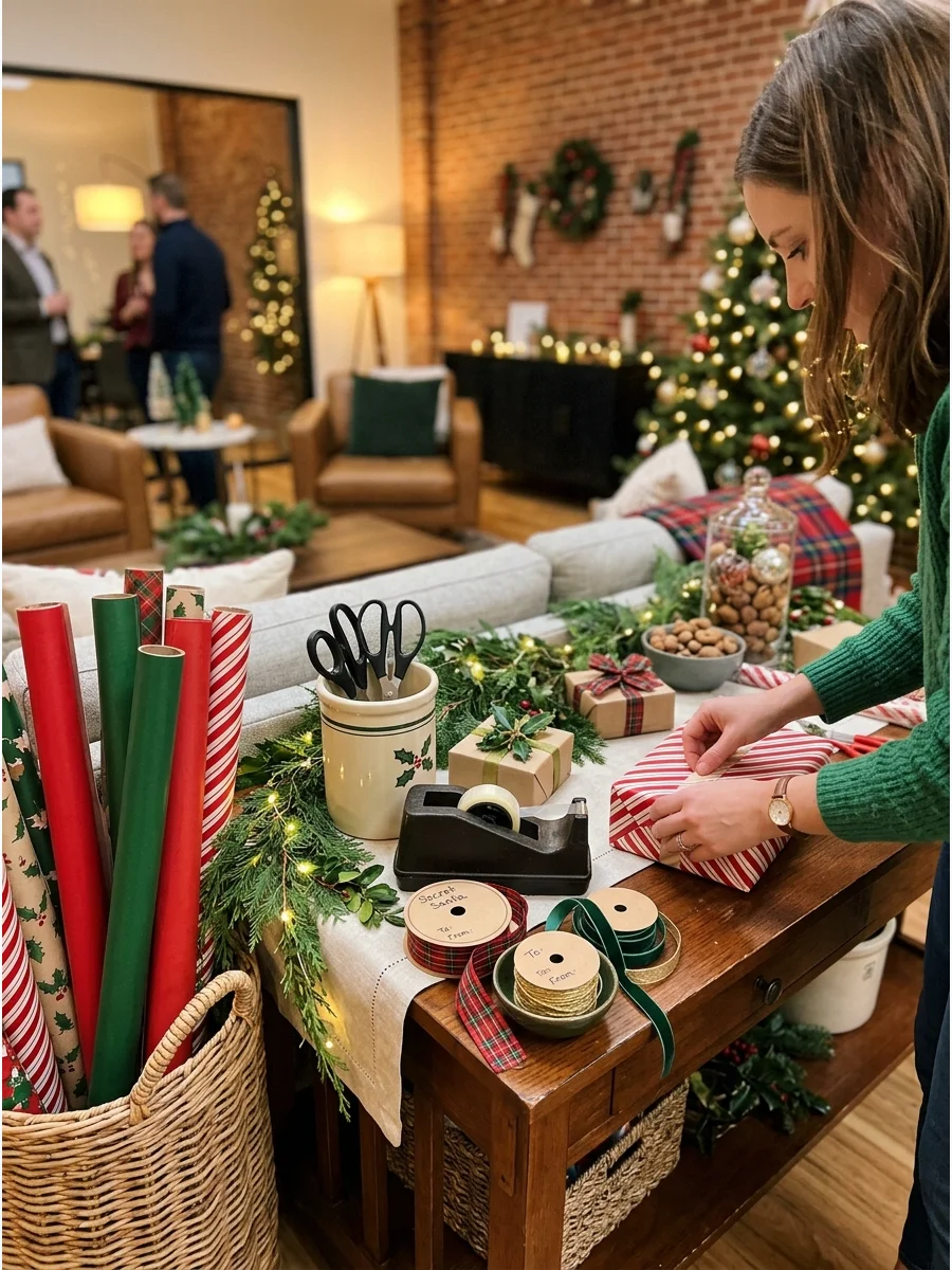 A gift wrapping station with rolls of paper and ribbon on a console table.