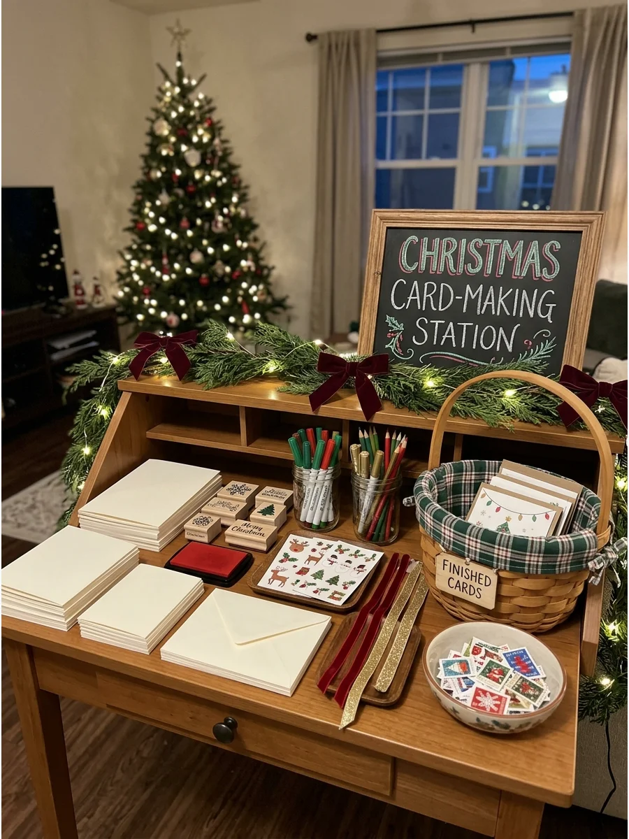 A compact desk set up with cards, stamps, and markers for a holiday party.