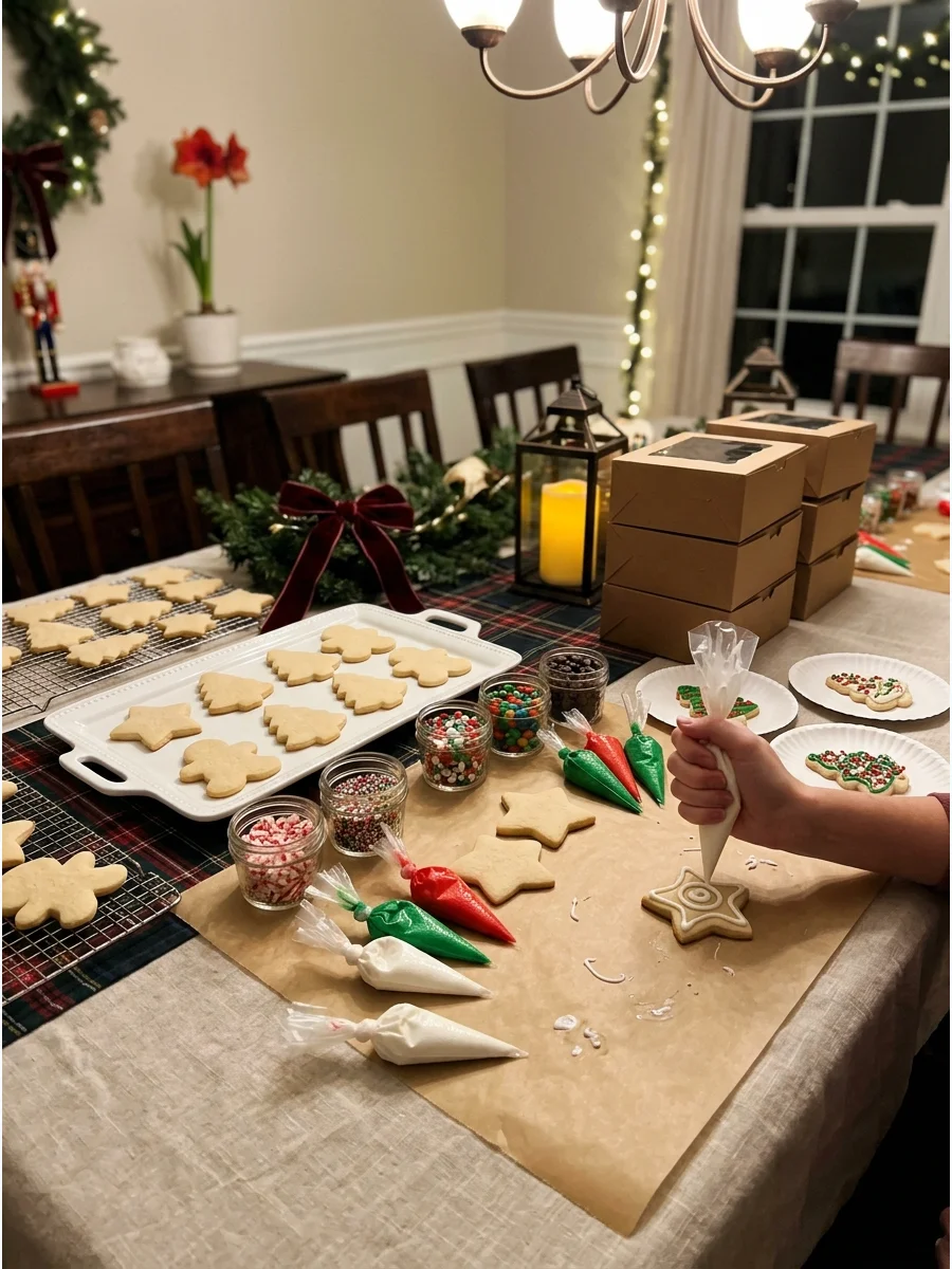 Sugar cookies and icing bottles arranged on a festive dining table.