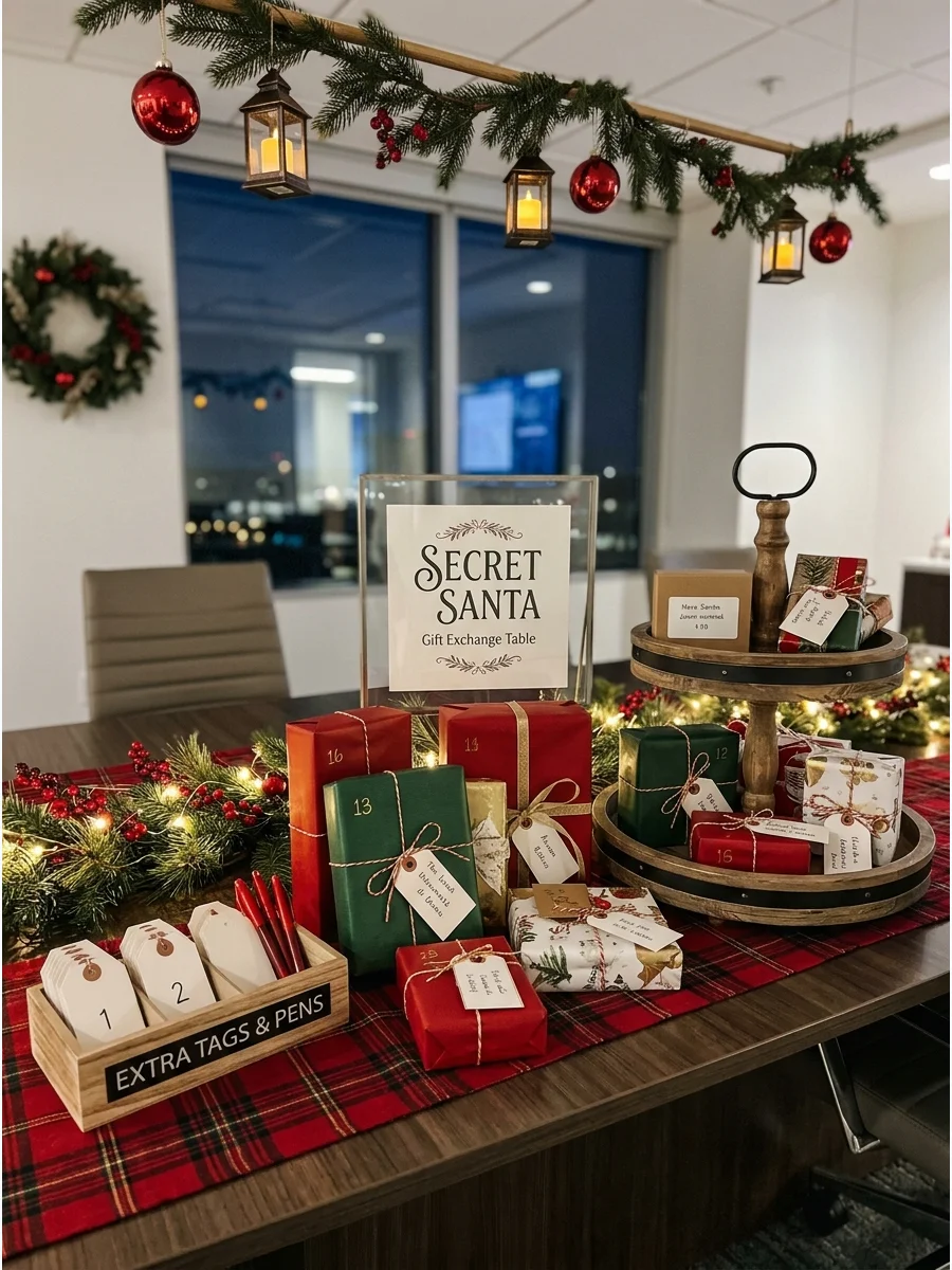 A gift table with red velvet cloth and wrapped Secret Santa presents.