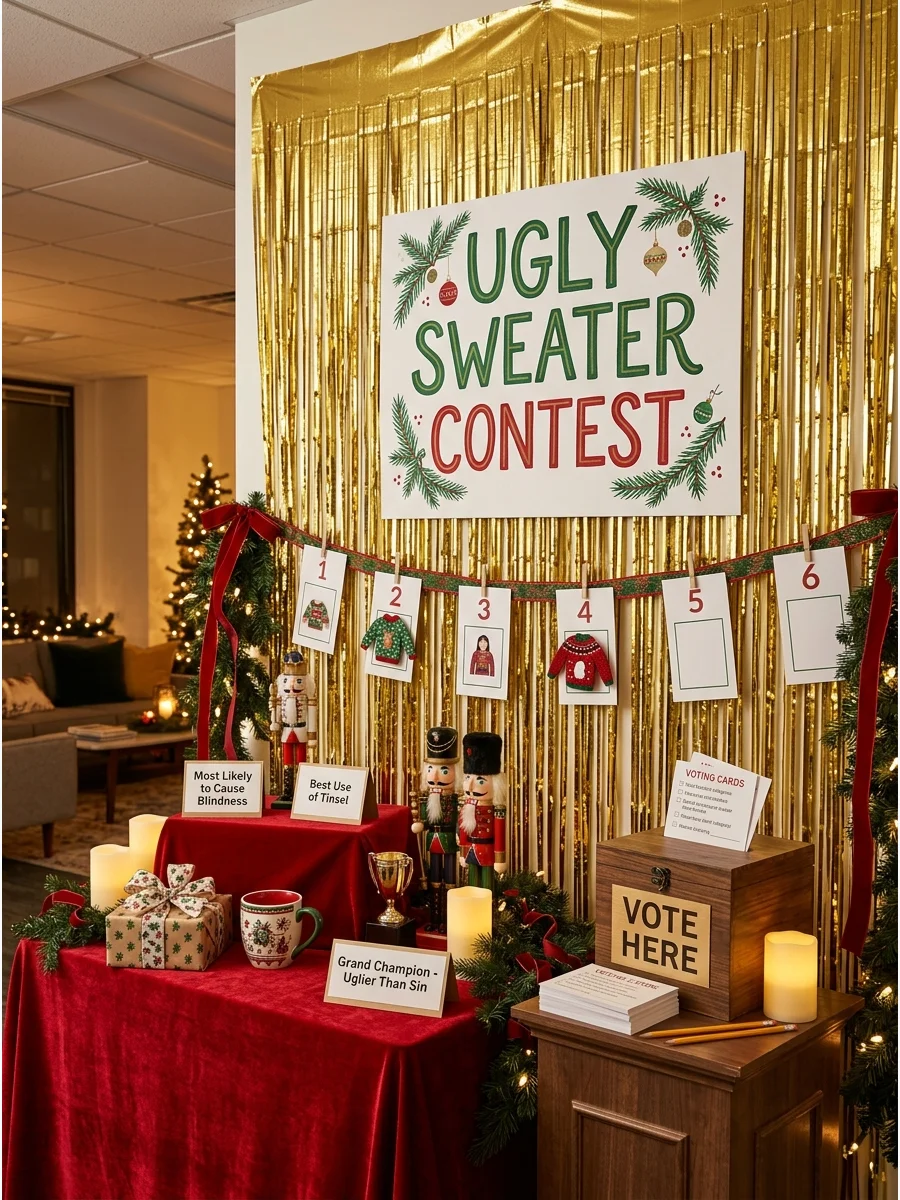 A tinsel photo backdrop for an ugly Christmas sweater contest.