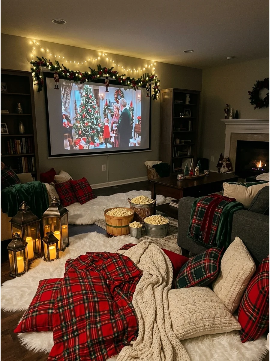 A cozy movie watching area with blankets and pillows on the floor.