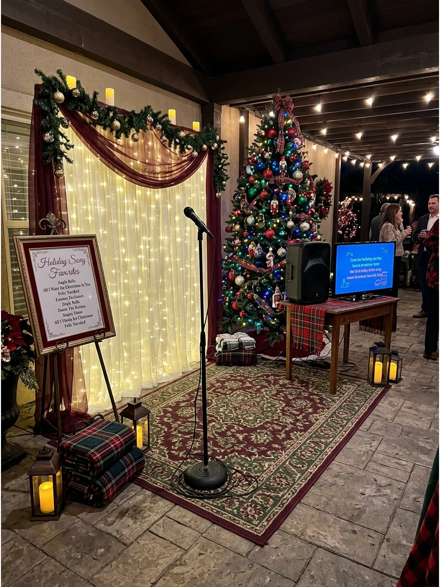 A karaoke setup with a microphone and festive lights on a patio.