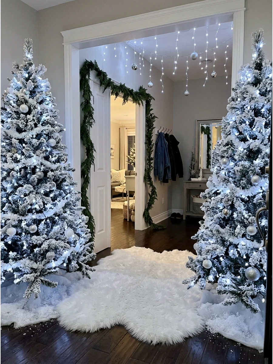 A white and silver winter wonderland entrance with flocked trees and fur rugs.