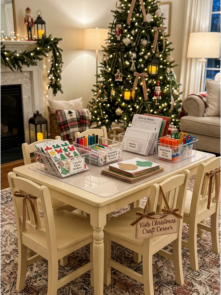 A small table with kids' holiday crafts and colorful markers.
