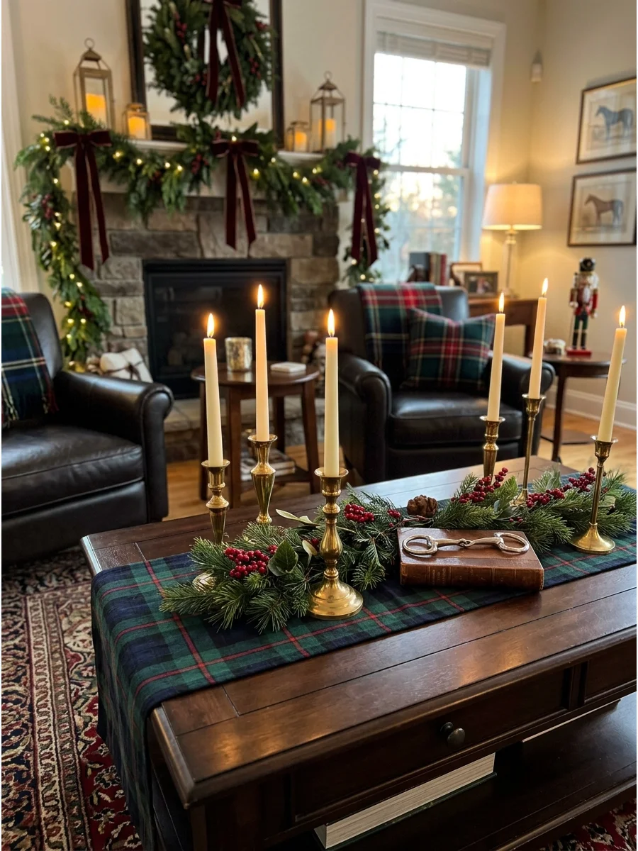 Traditional living room setup with tartan patterns and brass accents.