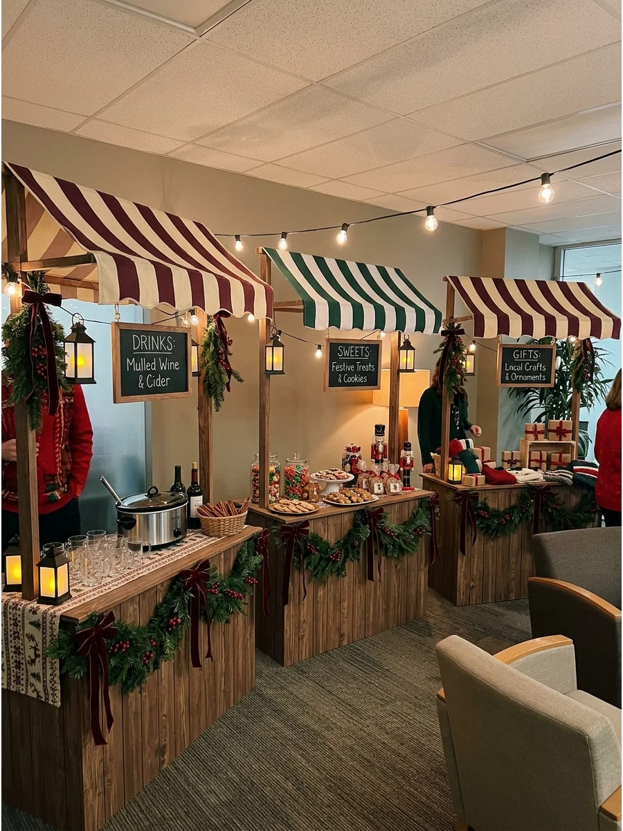Indoor room layout featuring multiple themed food and drink stalls.