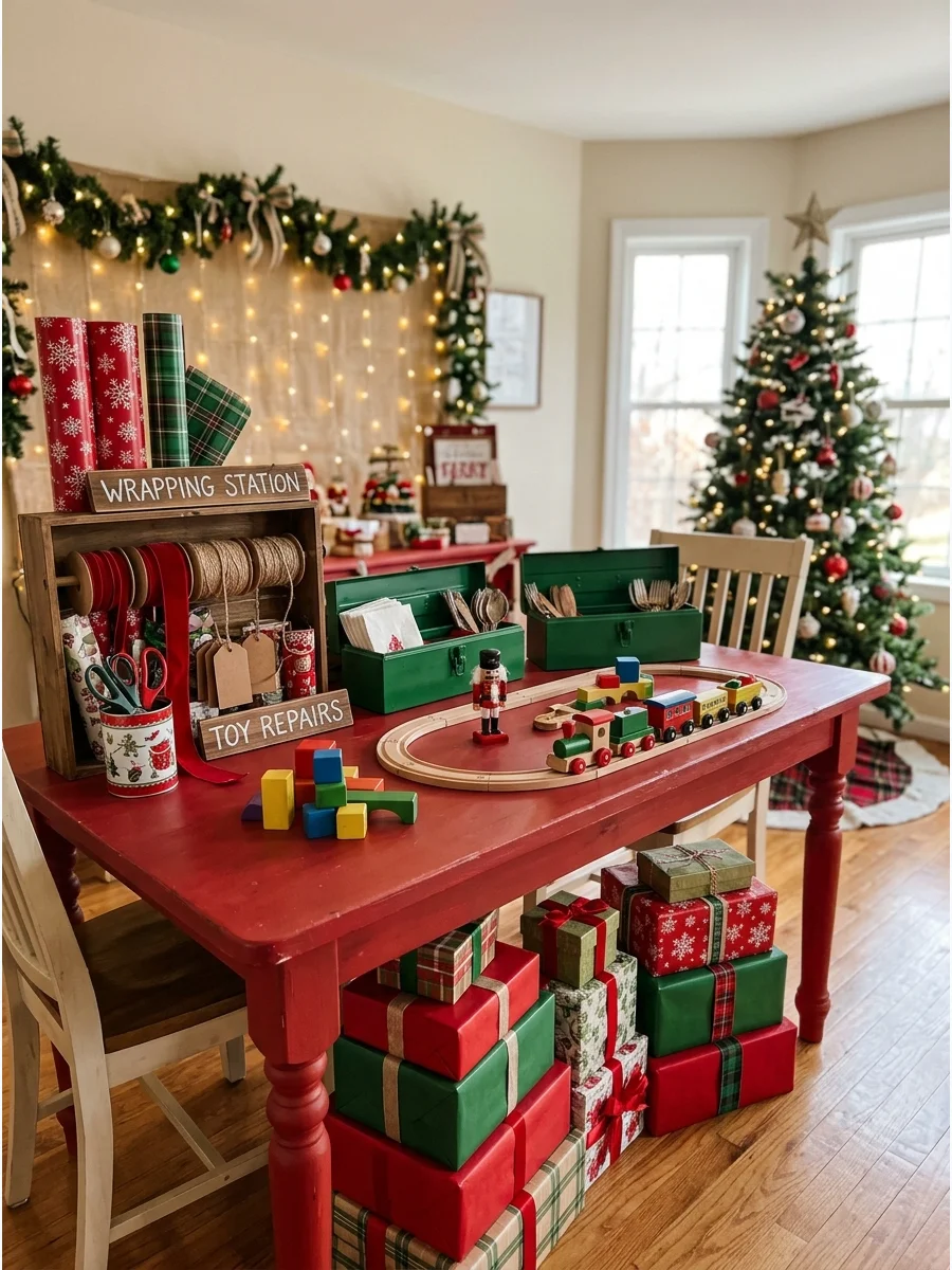Playful workshop theme with red tables and toy decorations.