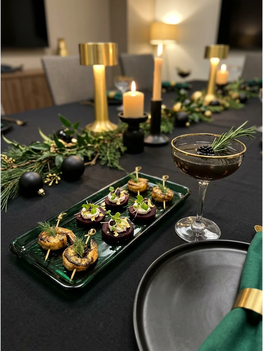 Elegant black and gold table setting in a professional office space.