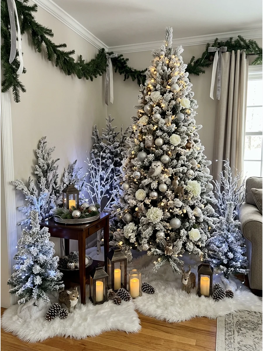Winter forest theme with white trees and silver accents.