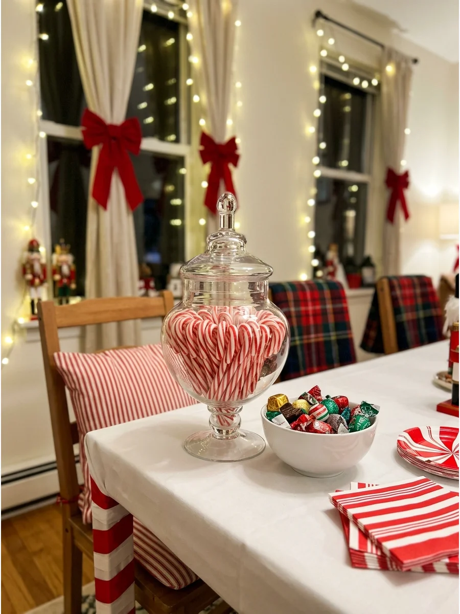 Bright red and white candy cane themed party room.