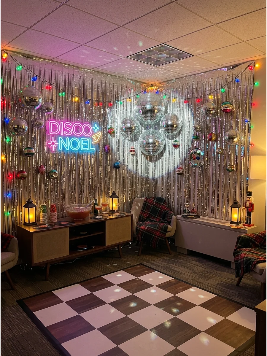 Retro holiday party setup with disco balls and tinsel.
