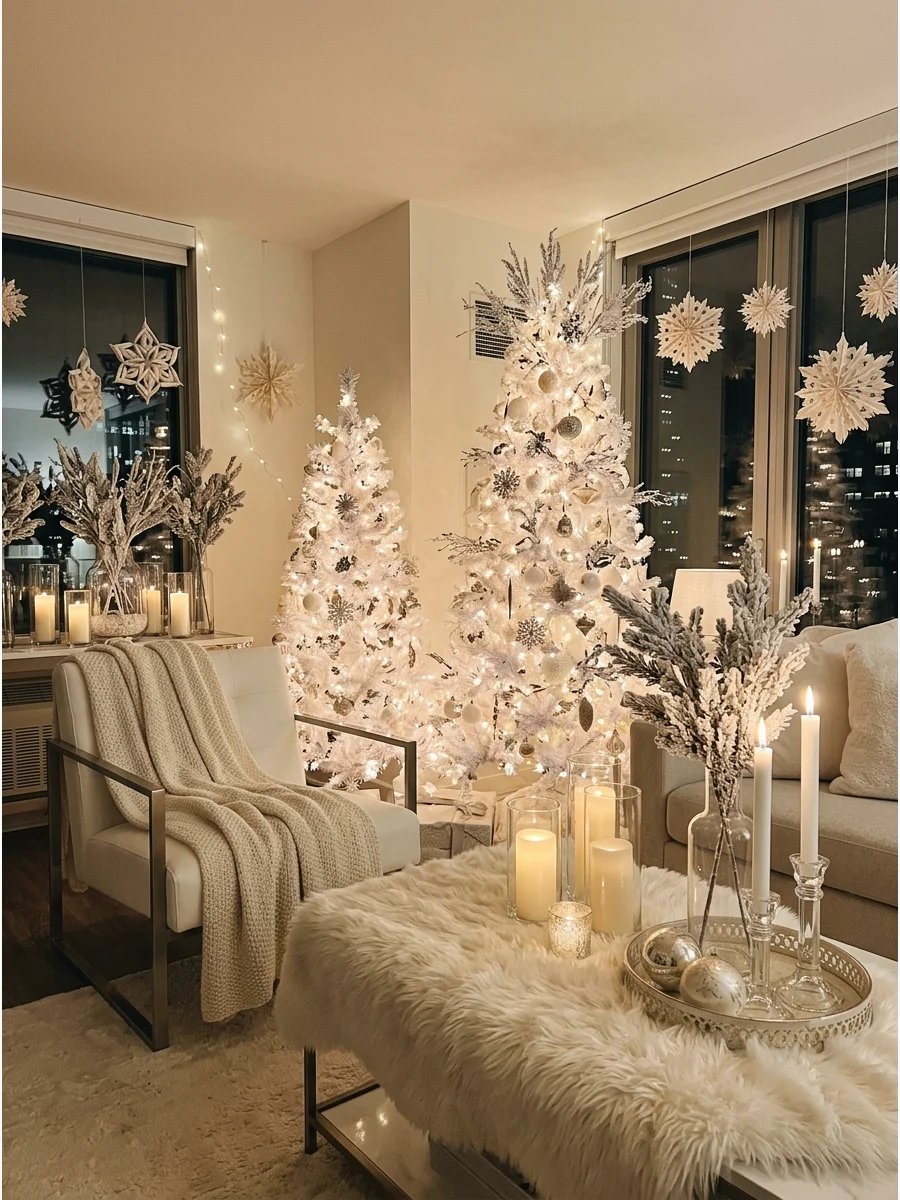 Monochromatic white holiday party setup in a modern apartment.