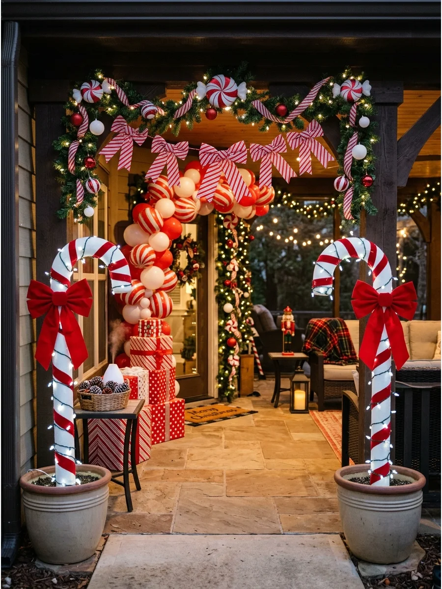 A whimsical candy cane themed entrance with red and white striped decorations.