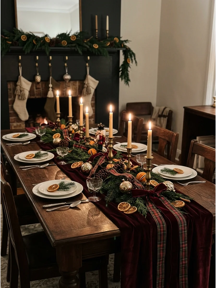 Traditional Victorian style dining room with velvet and brass decor.