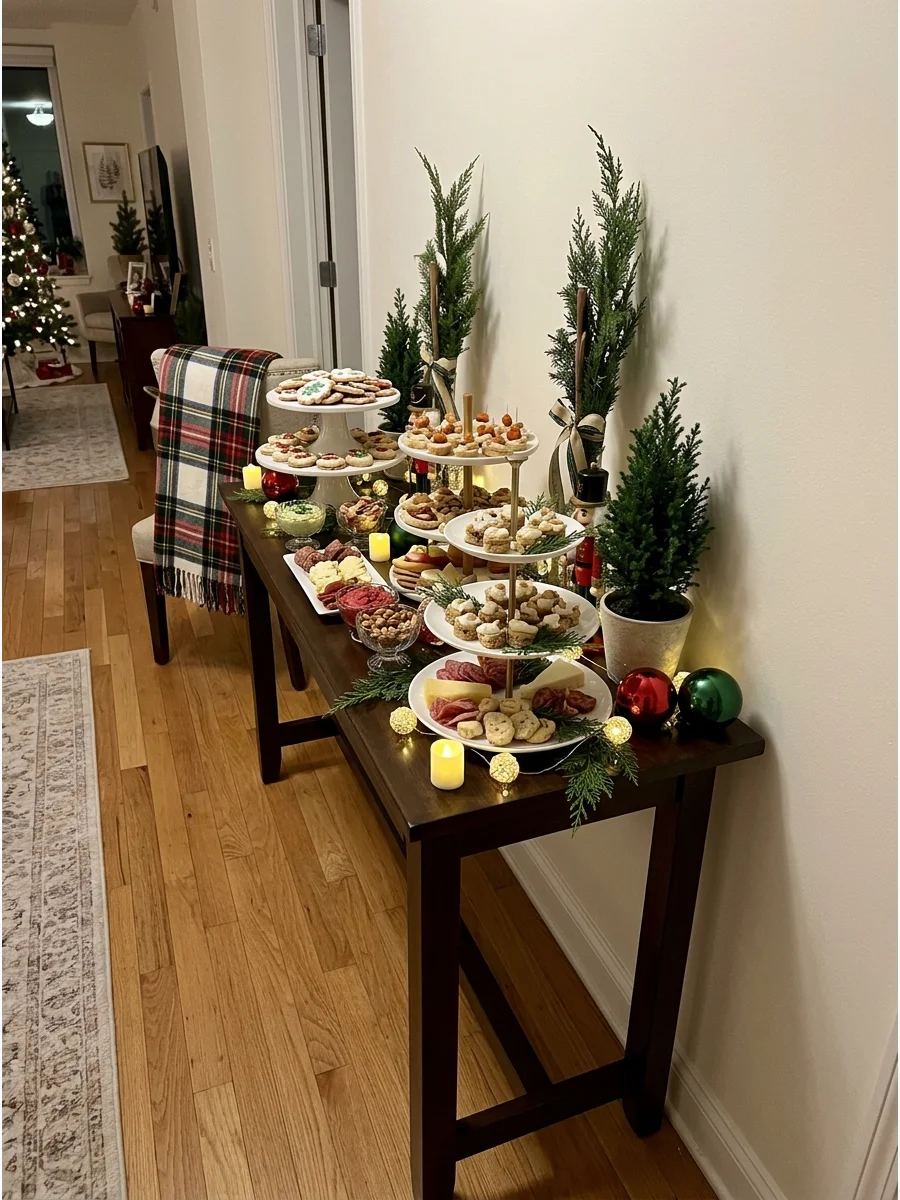 A narrow apartment console table set up as a Christmas appetizer buffet with tiered trays.
